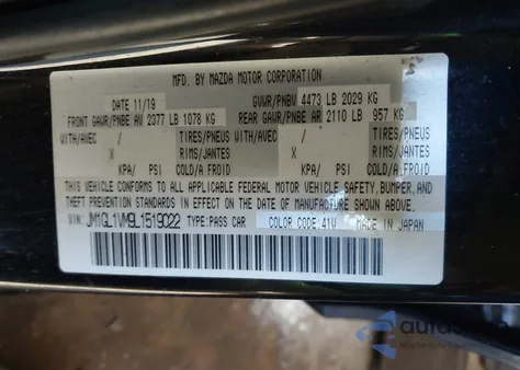 2020 Mazda Mazda6 Touring z USA, uszkodzony, nr VIN JM1GL1VM9L1519022